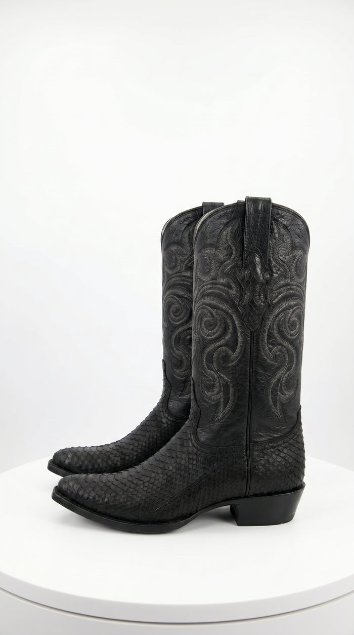 Men’s Black Python Cowboy Boots with Western Stitching, Exotic Style Dress Boots