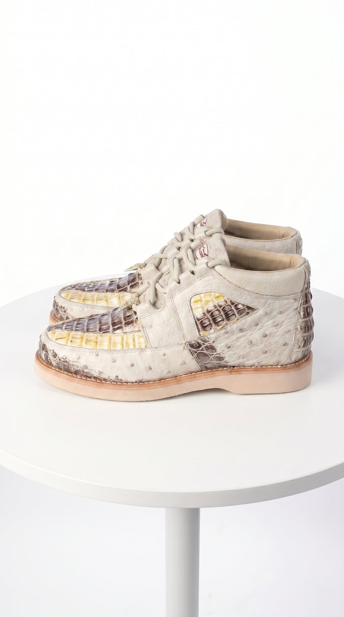 Men’s Los Altos Caiman and Ostrich Skin Shoes in Cream Multi Color, Exotic Western Dress Shoes