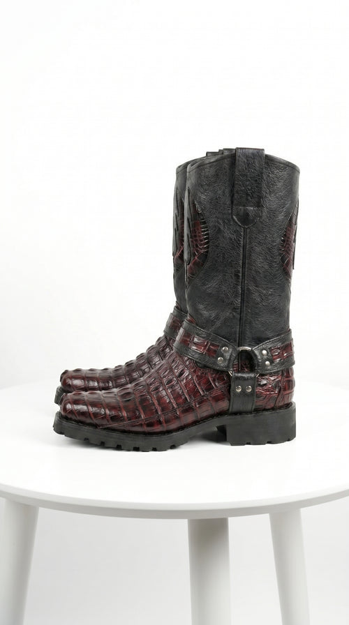 Men’s Los Altos Black and Burgundy Caiman Tail Skin Biker Boots, Exotic Western Motorcycle Boots