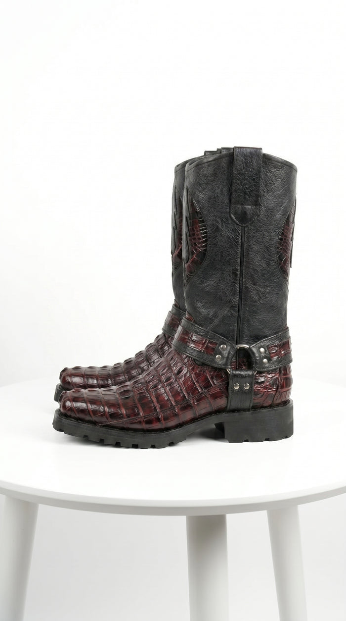 Men’s Los Altos Black and Burgundy Caiman Tail Skin Biker Boots, Exotic Western Motorcycle Boots