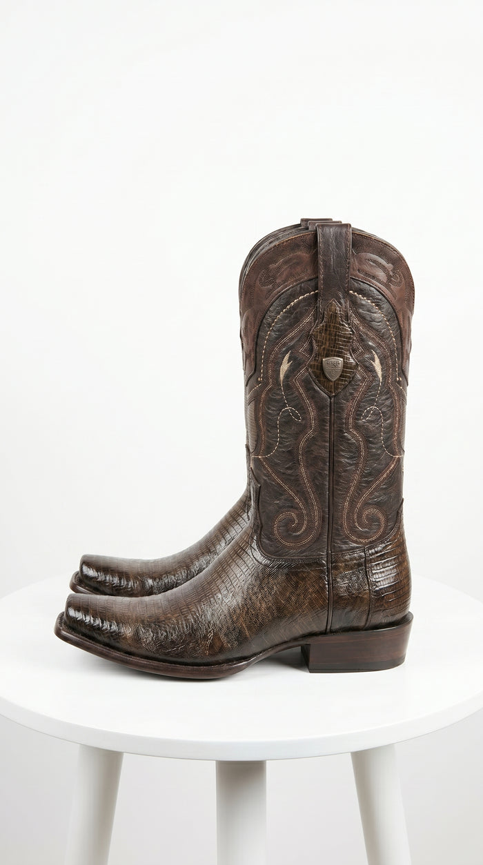 Men’s Wild West Burnished Brown Teju Lizard Square Toe Cowboy Boots, Genuine Leather Dress Western Boots
