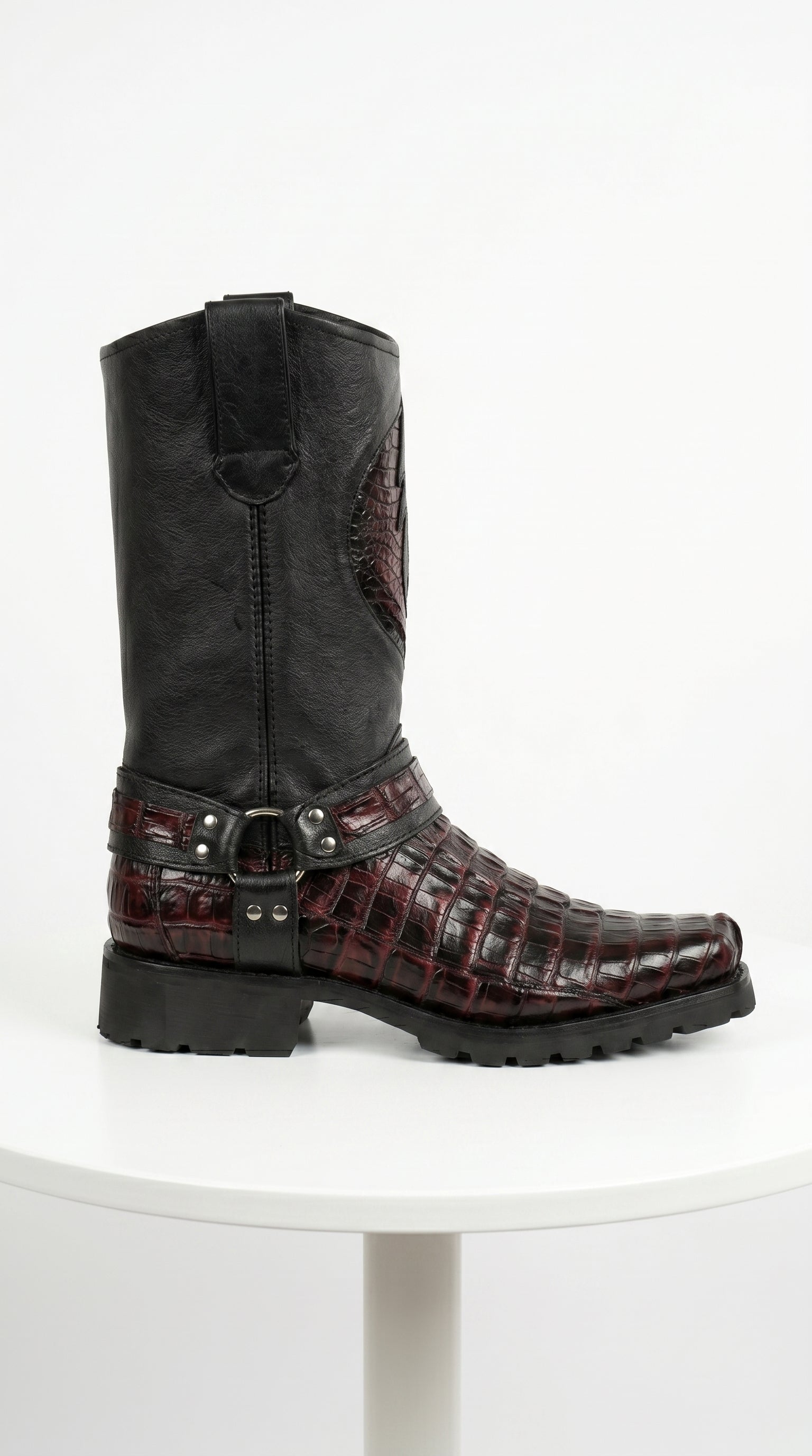Men’s Los Altos Black Cherry Caiman Tail Skin Biker Boots, Exotic Western Motorcycle Boots