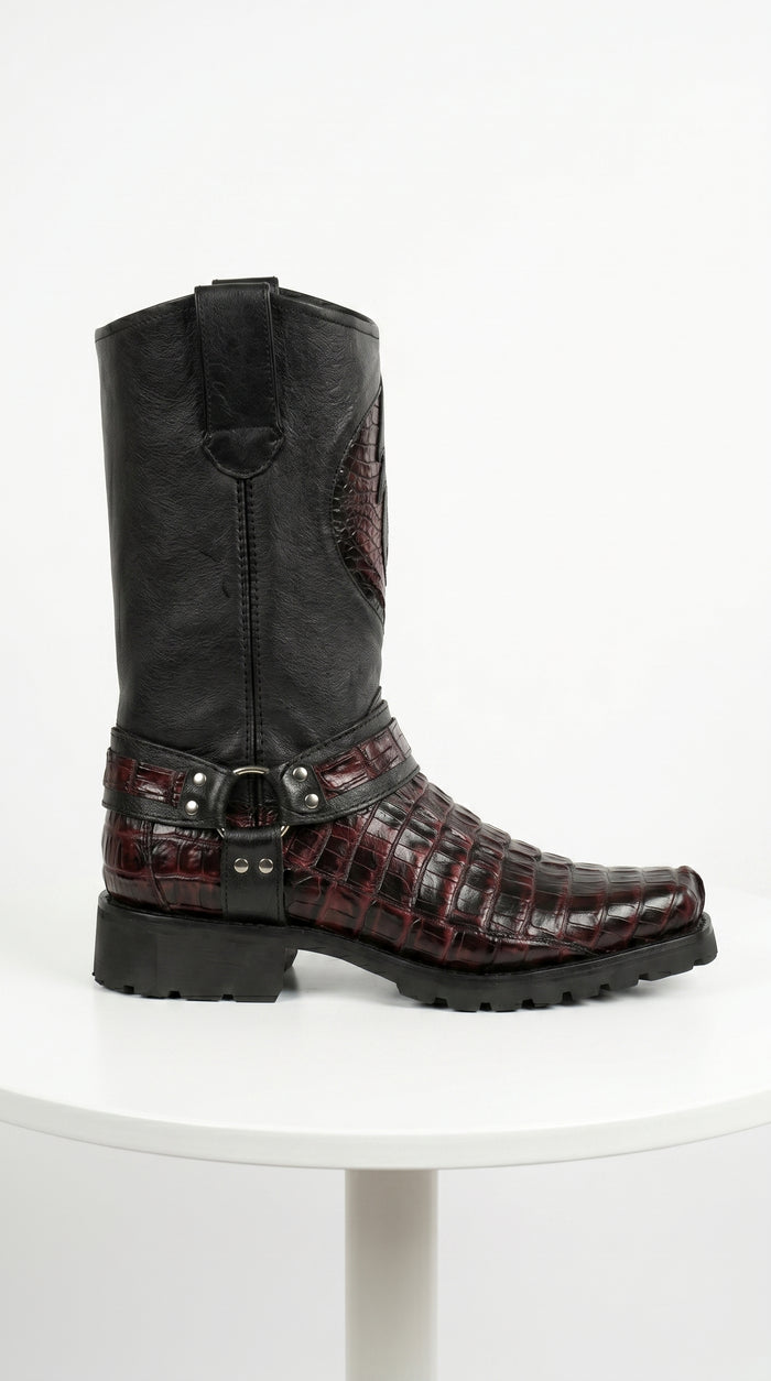 Men’s Los Altos Black Cherry Caiman Tail Skin Biker Boots, Exotic Western Motorcycle Boots