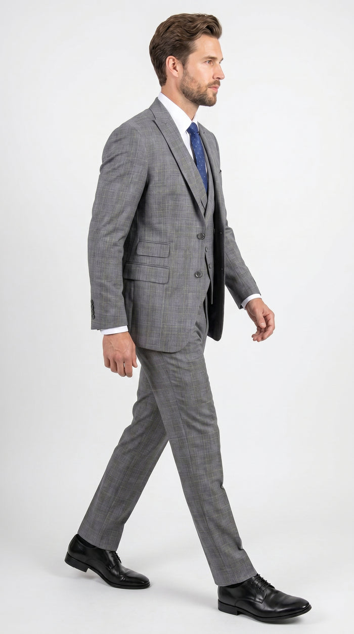 Men’s Gray Glen Plaid 3 Piece Suit with Jacket, Vest and Pants, Formal Wedding Business Dress Suit