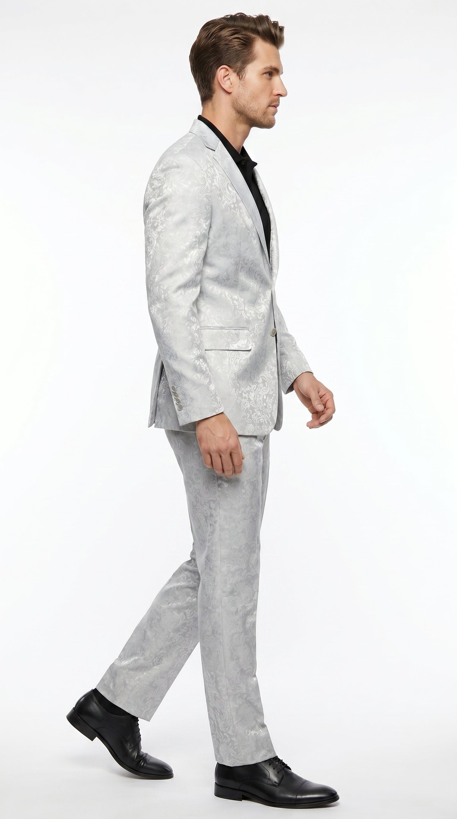 Men’s Silver Grey Paisley Wedding and Prom 2026 Suit with Jacket and Matching Pants