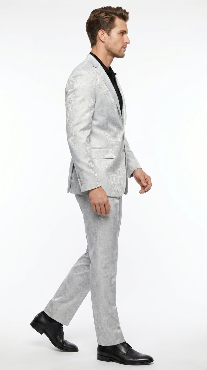 Men’s Silver Grey Paisley Wedding and Prom 2026 Suit with Jacket and Matching Pants