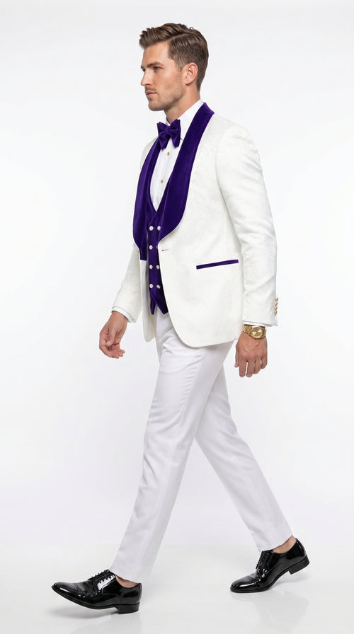 Men’s White and Royal Blue Wedding Tuxedo, Groom Prom Suit with Velvet Shawl Lapel and Matching Vest