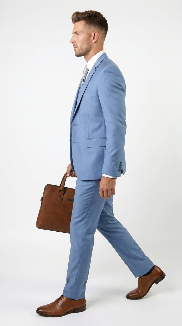 Statement Men’s Solid Steel Blue 100% Wool Vested Suit, Formal Wedding Business 3 Piece Suit Set