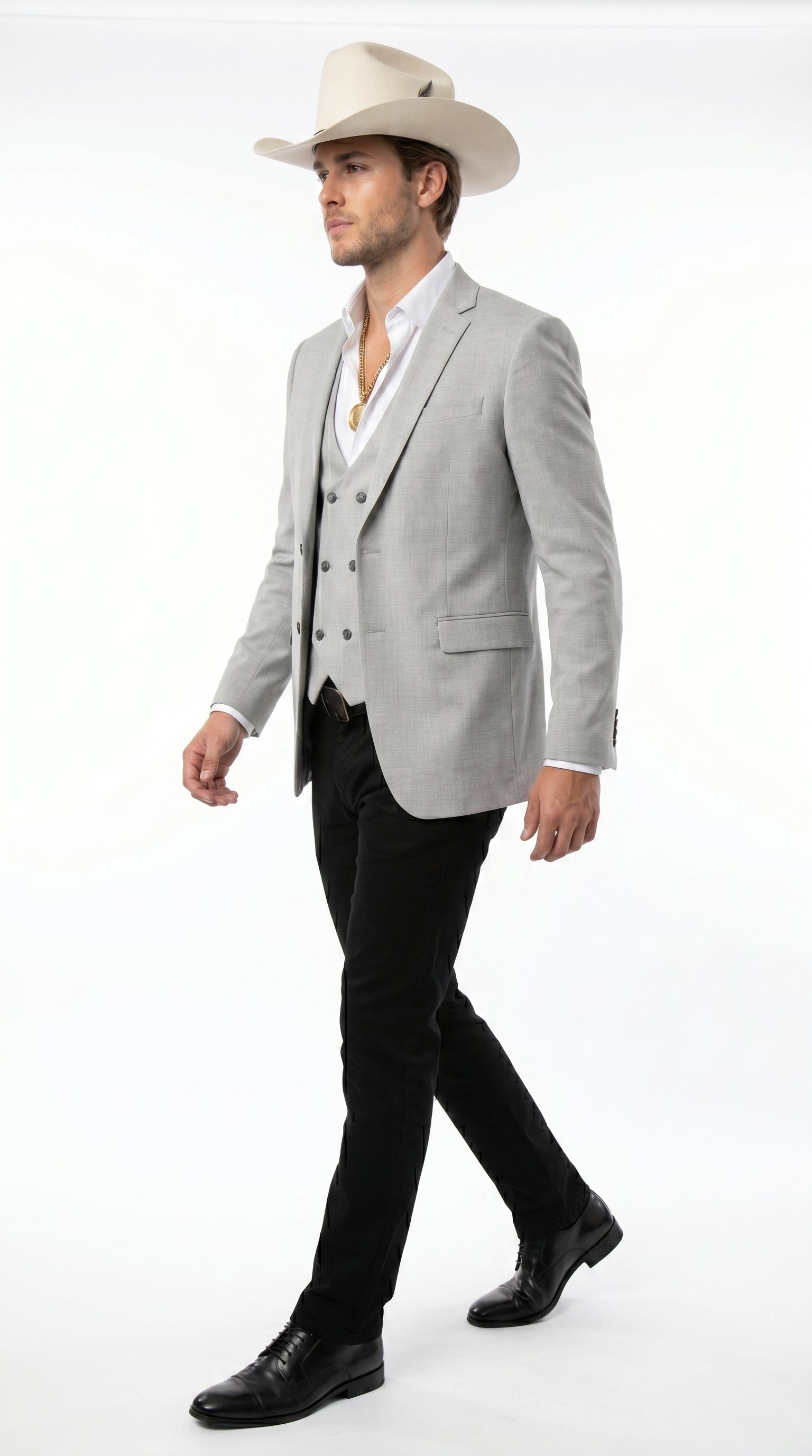 Men’s Light Gray Western Suit Blazer with Double Breasted Vest, Modern Cowboy Formal Outfit