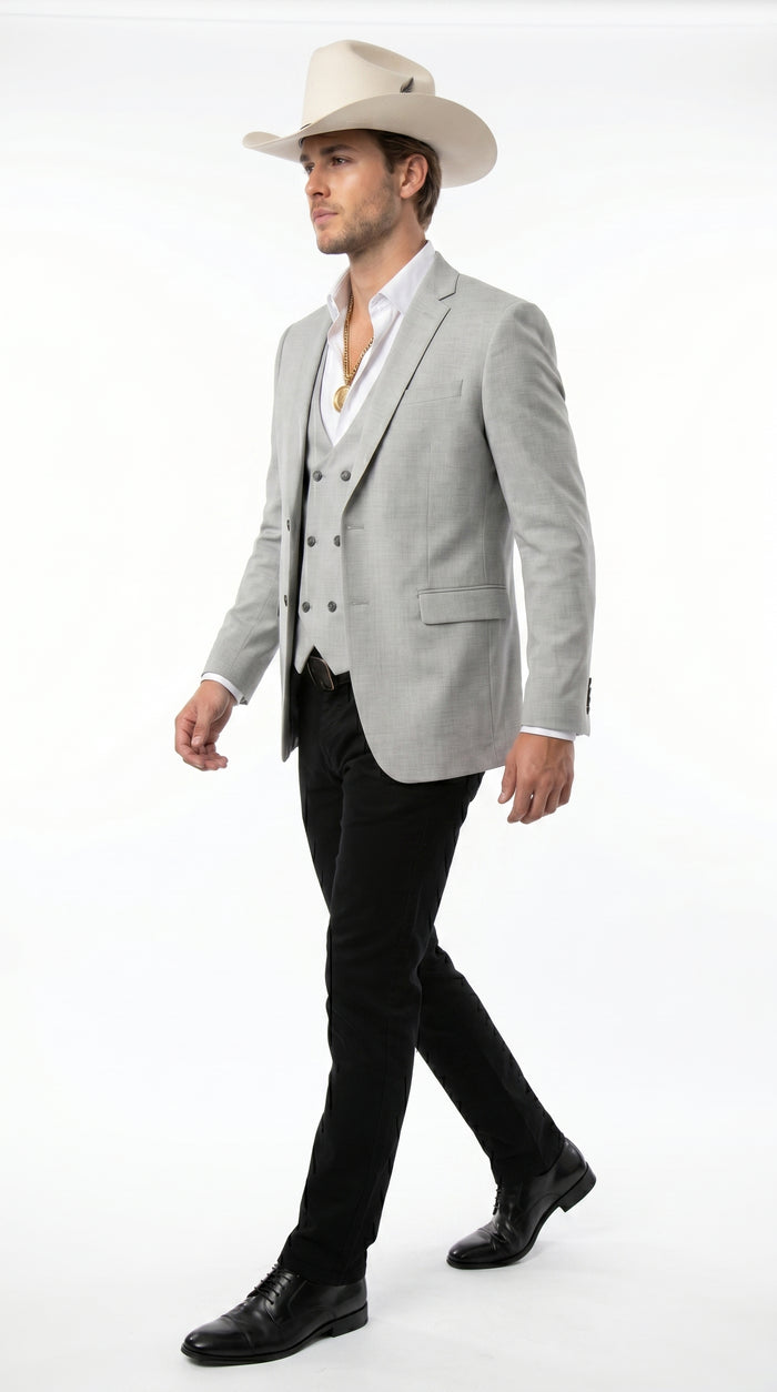 Men’s Light Gray Western Suit Blazer with Double Breasted Vest, Modern Cowboy Formal Outfit