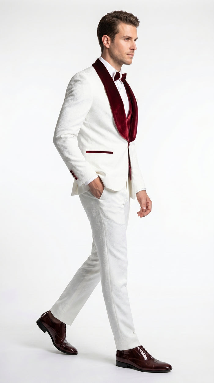 Men’s Gianni White and Burgundy Velvet Lapel 3 Piece Tuxedo, Formal Wedding Prom Suit