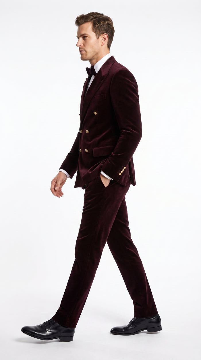Men’s Rossi Man Zeus Dark Brown Velvet Double Breasted Tuxedo Suit, Formal Wedding Prom Dinner Suit Set