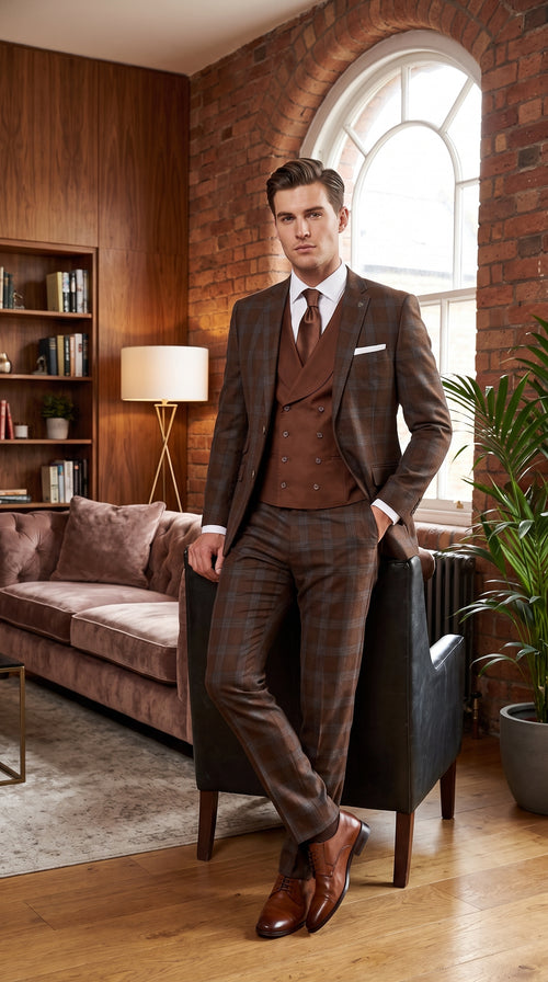 Men’s Copper Plaid Modern Fit Wool Suit, 3 Piece Formal Suit with Double Breasted Vest