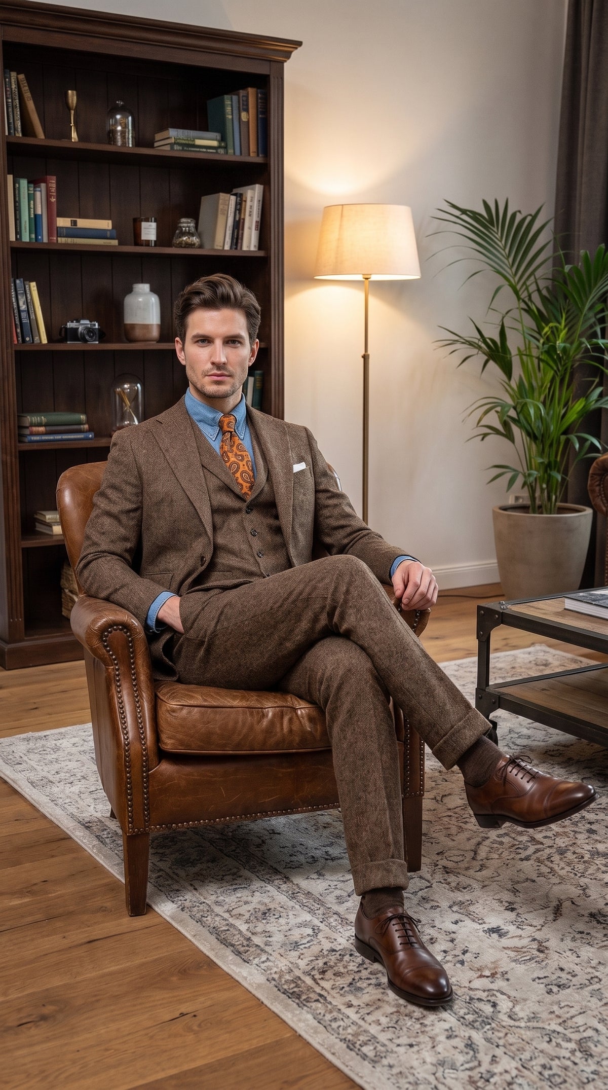 Men’s Brown Great Gatsby Costume Suit, 1920s Vintage Vested Suit Package with Shirt and Tie
