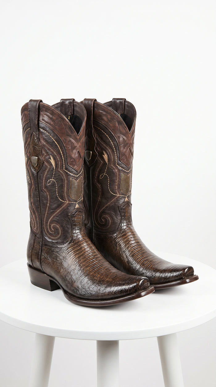 Men’s Wild West Burnished Brown Teju Lizard Square Toe Cowboy Boots, Genuine Leather Dress Western Boots