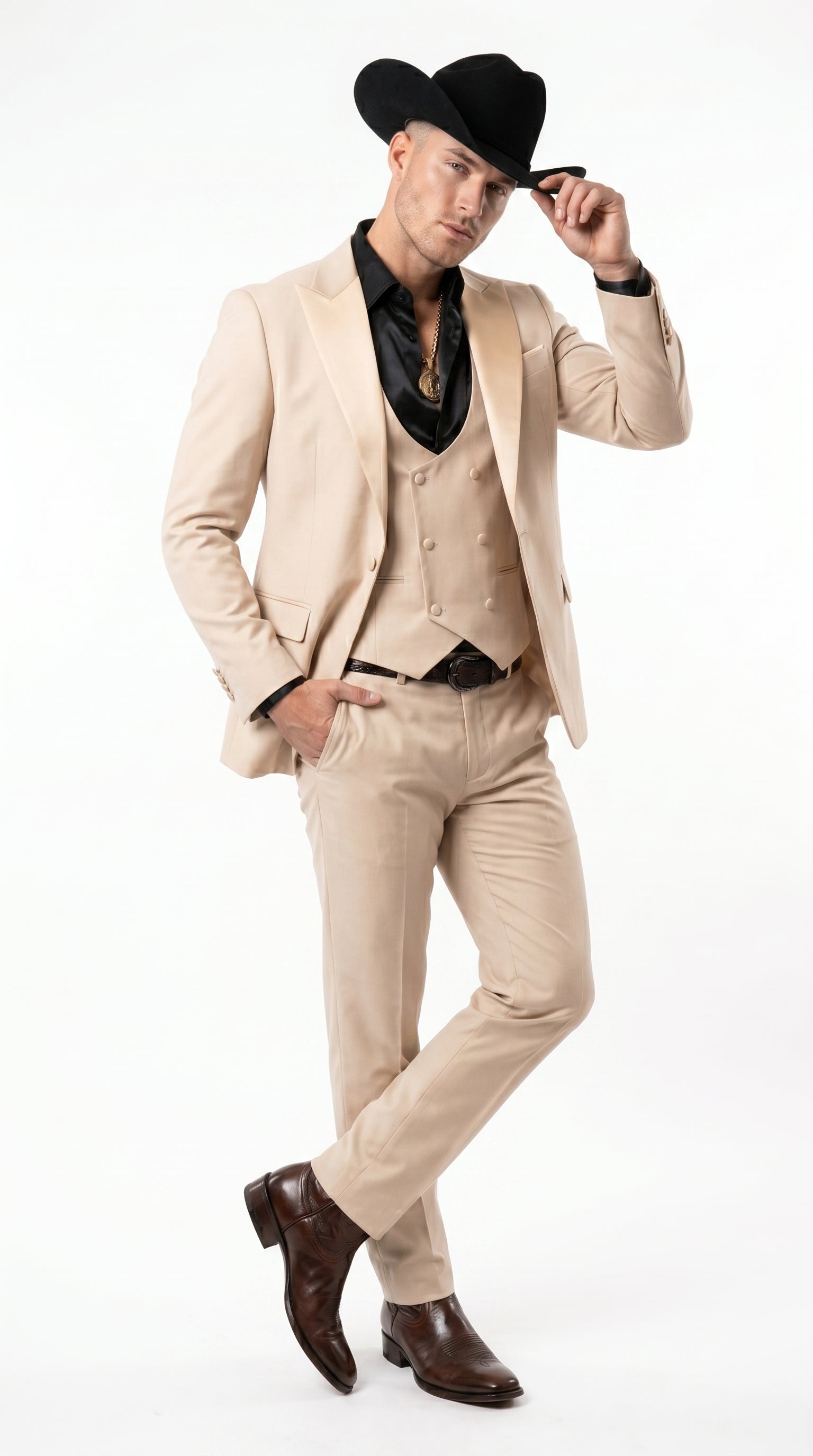 Mens Light Beige Western 3-Piece Suit – Cowboy Tuxedo with Shawl Lapel