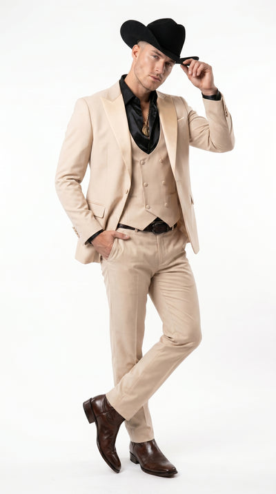 Mens Light Beige Western 3-Piece Suit – Cowboy Tuxedo with Shawl Lapel