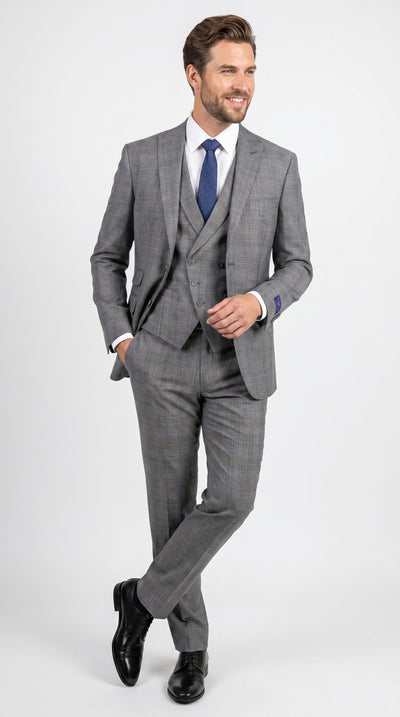 Men’s Gray Glen Plaid 3 Piece Suit with Jacket, Vest and Pants, Formal Wedding Business Dress Suit