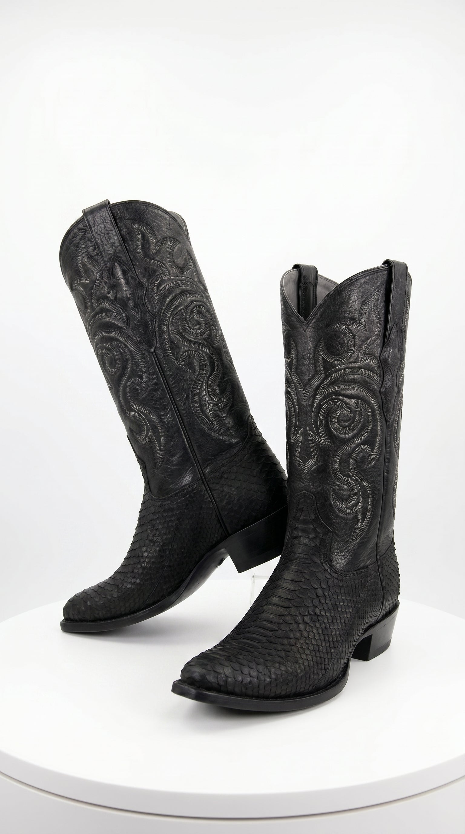 Men’s Black Python Cowboy Boots with Western Stitching, Exotic Style Dress Boots - EE