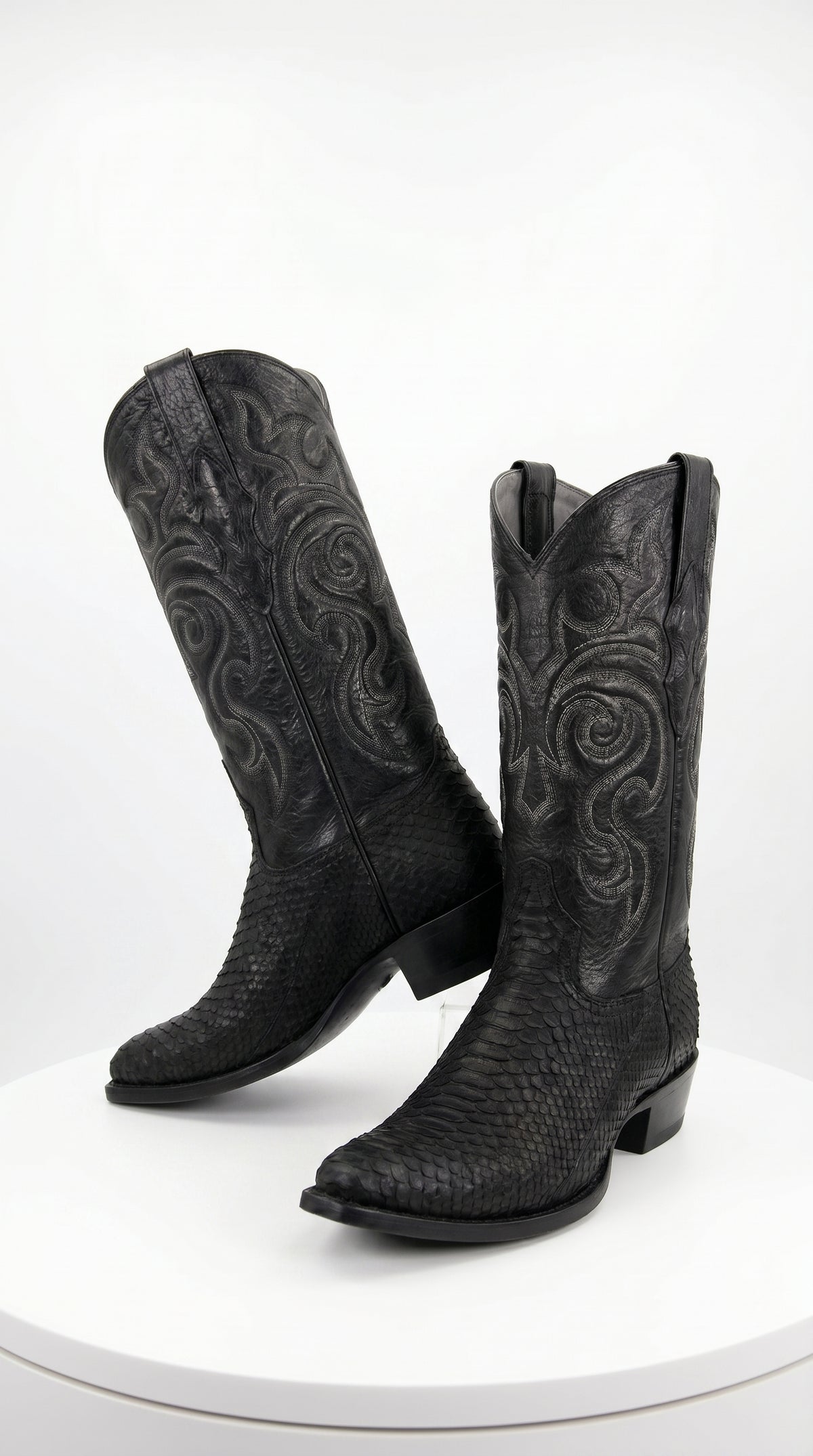 Men’s Black Python Cowboy Boots with Western Stitching, Exotic Style Dress Boots