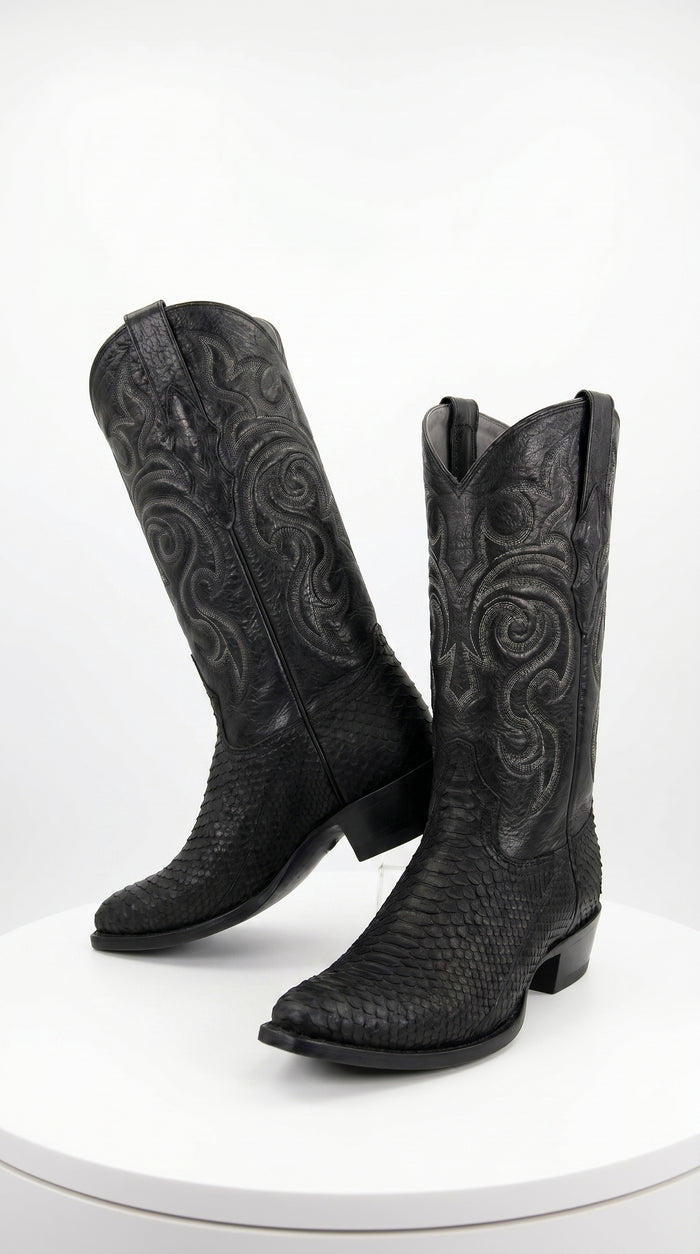 Men’s Black Python Cowboy Boots with Western Stitching, Exotic Style Dress Boots