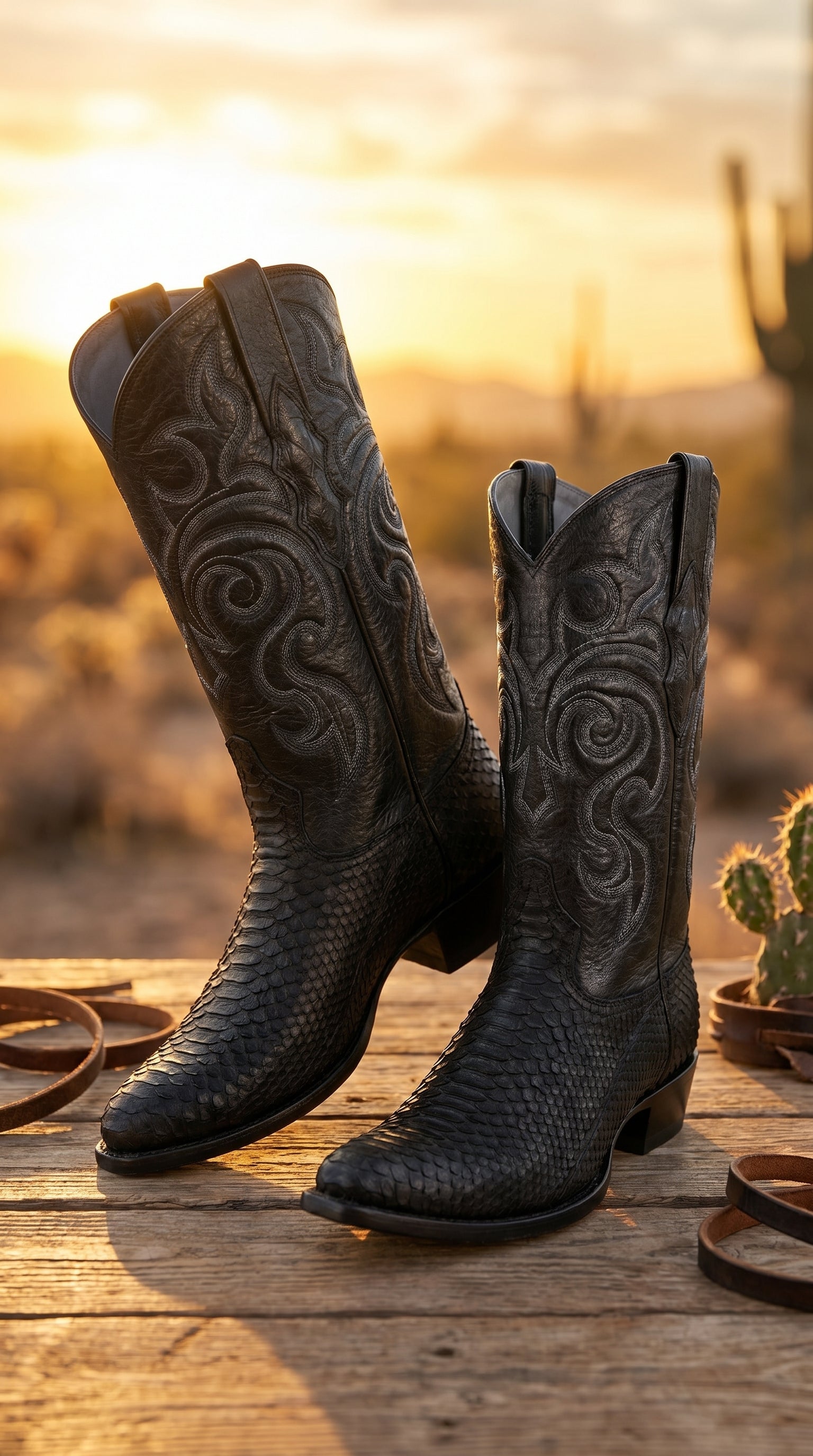 Men’s Black Python Cowboy Boots with Western Stitching, Exotic Style Dress Boots