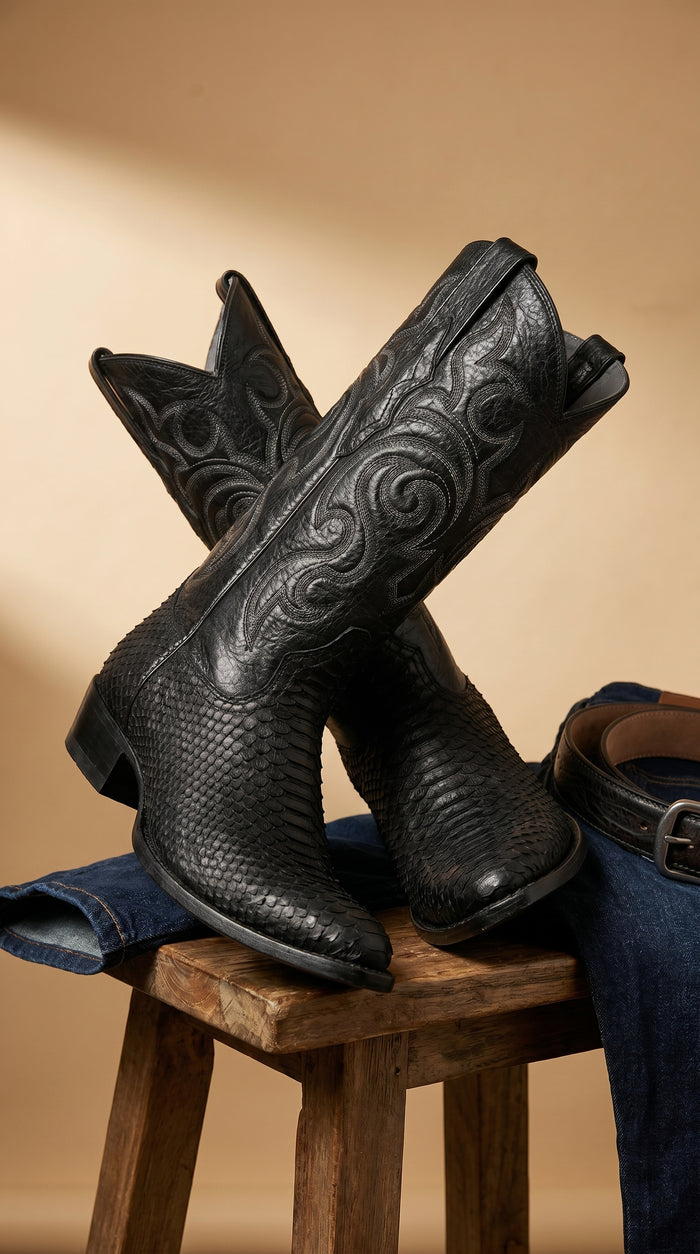 Men’s Black Python Cowboy Boots with Western Stitching, Exotic Style Dress Boots