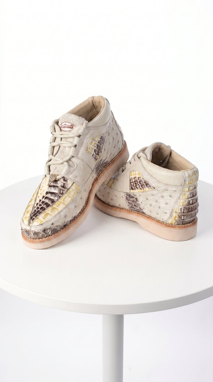 Men’s Los Altos Caiman and Ostrich Skin Shoes in Cream Multi Color, Exotic Western Dress Shoes