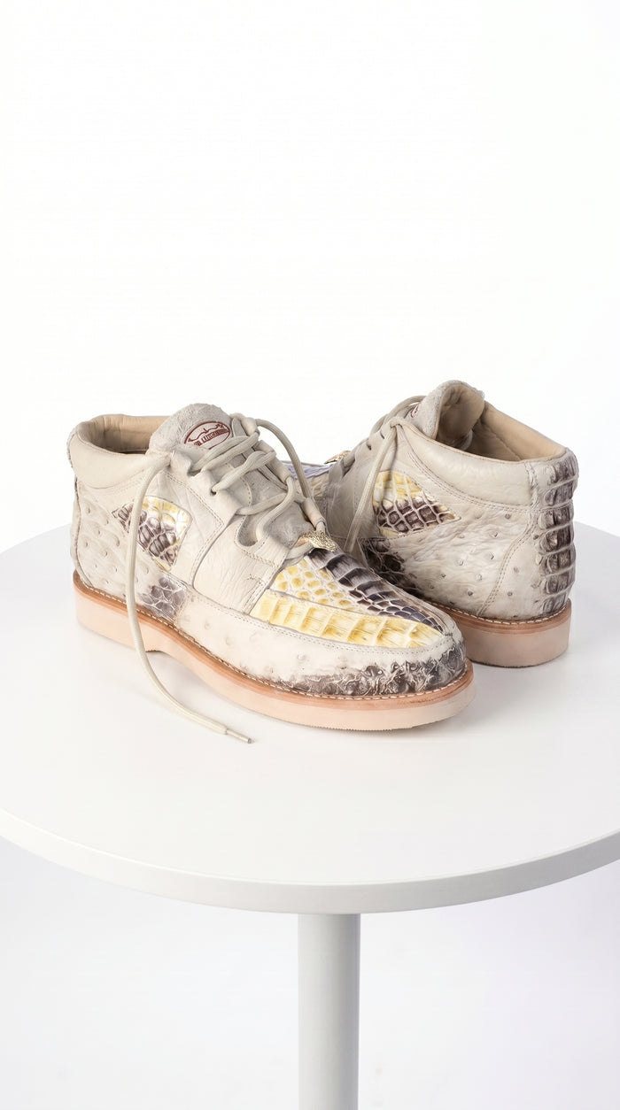 Men’s Los Altos Caiman and Ostrich Skin Shoes in Cream Multi Color, Exotic Western Dress Shoes
