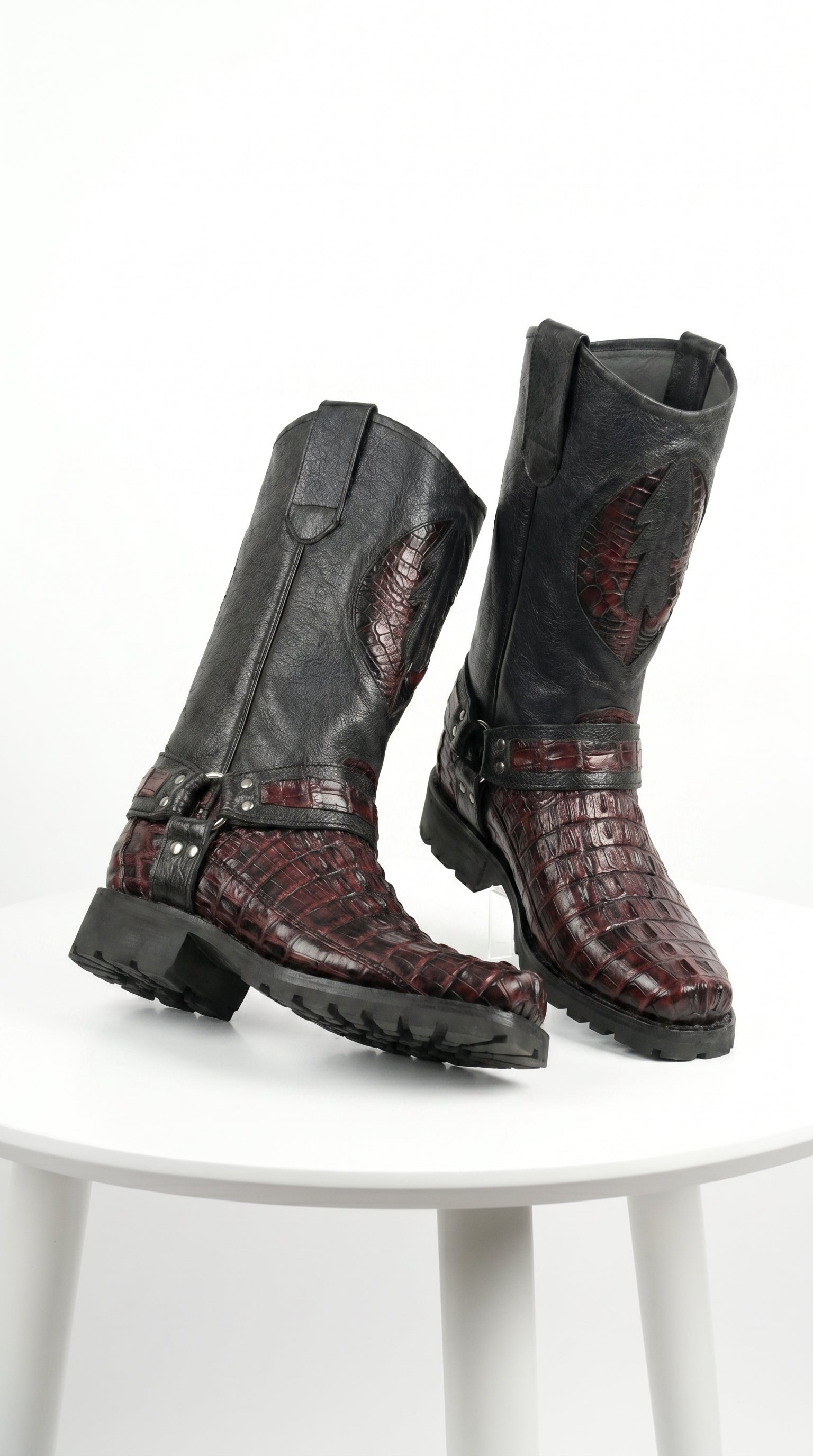 Men’s Los Altos Black and Burgundy Caiman Tail Skin Biker Boots, Exotic Western Motorcycle Boots - 6