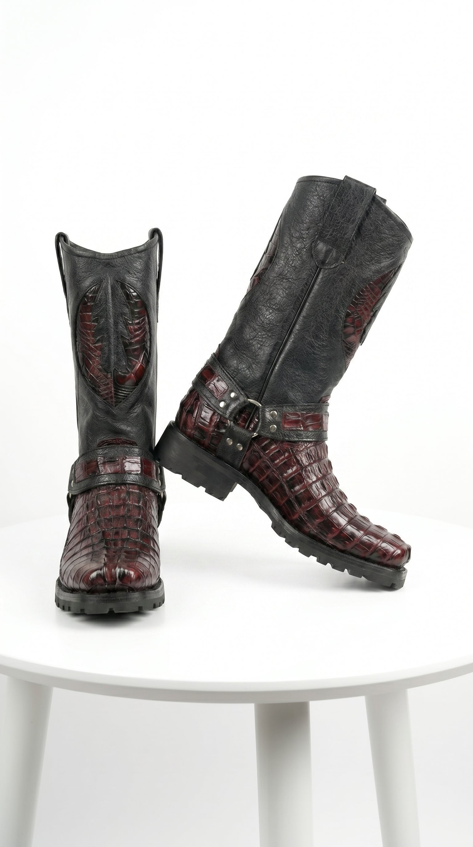 Men’s Los Altos Black and Burgundy Caiman Tail Skin Biker Boots, Exotic Western Motorcycle Boots