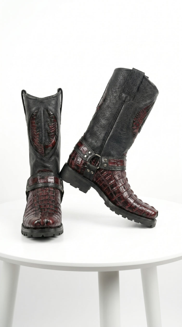 Men’s Los Altos Black and Burgundy Caiman Tail Skin Biker Boots, Exotic Western Motorcycle Boots