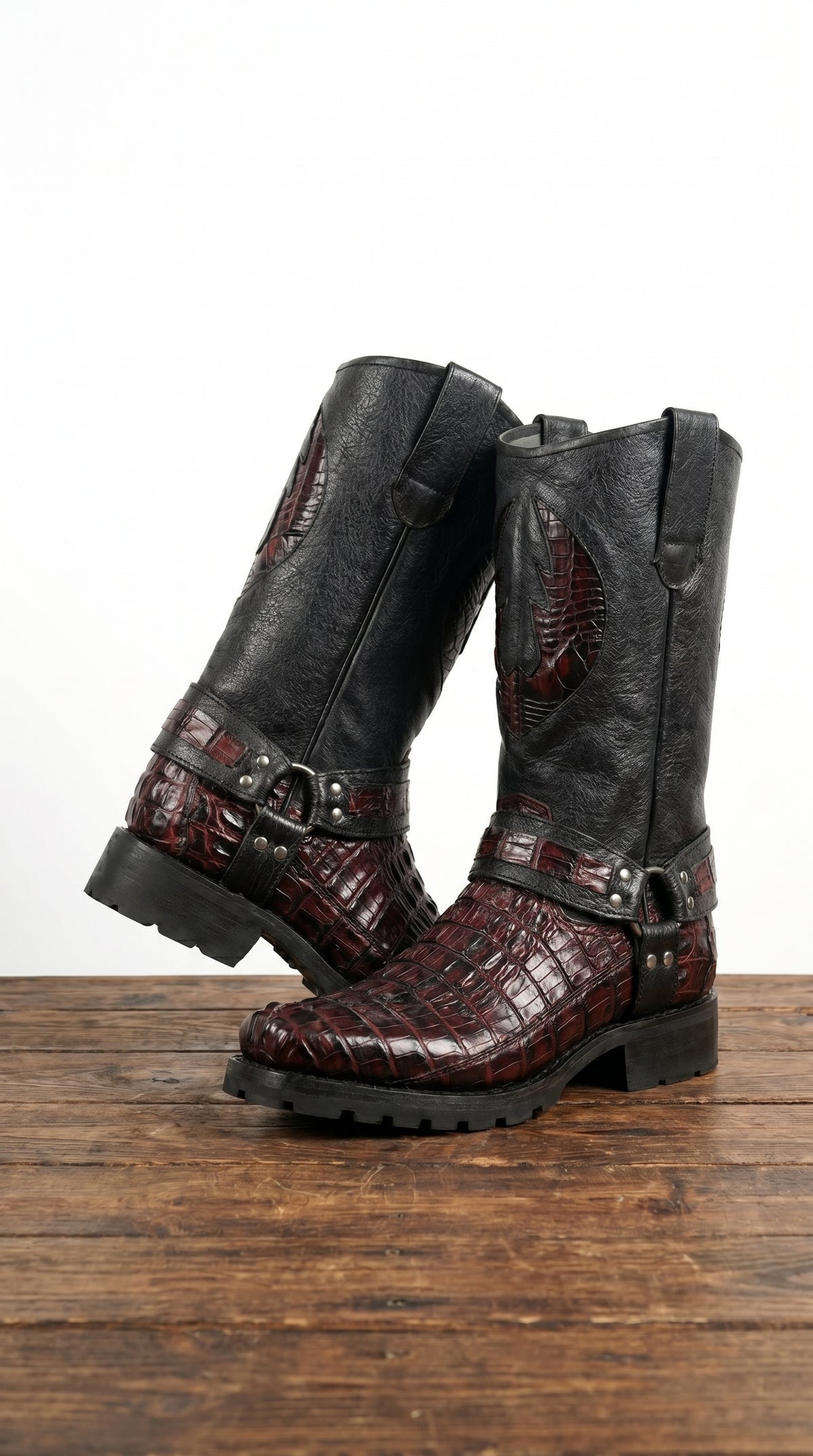 Men’s Los Altos Black and Burgundy Caiman Tail Skin Biker Boots, Exotic Western Motorcycle Boots