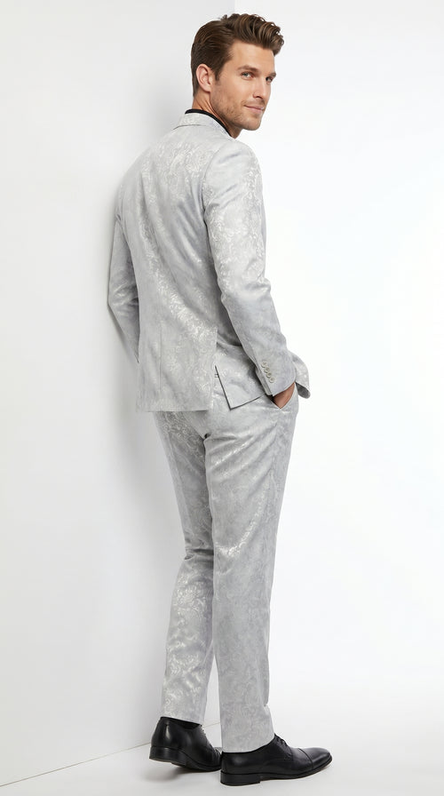 Men’s Silver Grey Paisley Wedding and Prom 2026 Suit with Jacket and Matching Pants