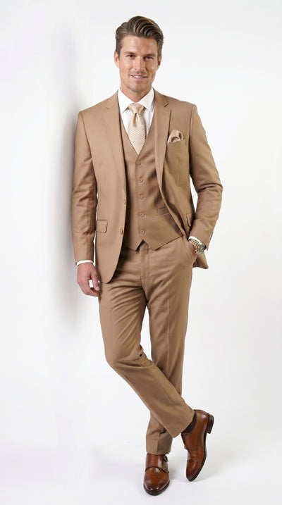Statement Men’s Solid Caramel 100% Wool Vested Suit, Formal Wedding Business 3 Piece Suit Set