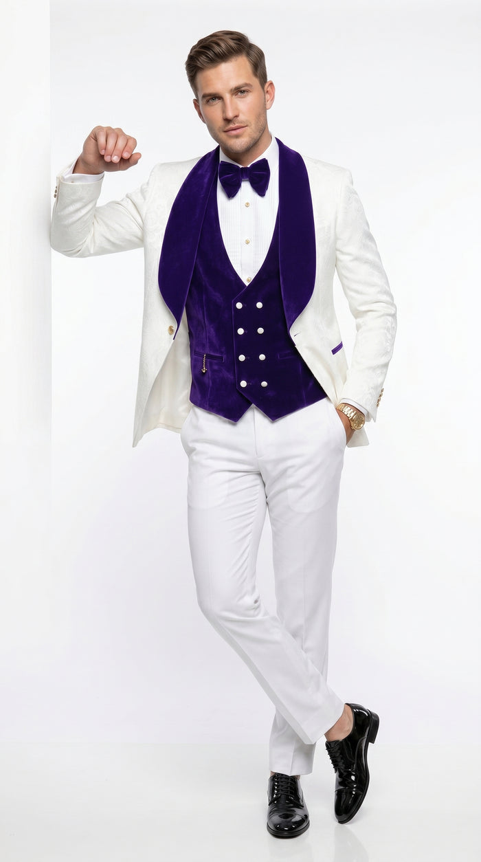 Men’s White and Royal Blue Wedding Tuxedo, Groom Prom Suit with Velvet Shawl Lapel and Matching Vest