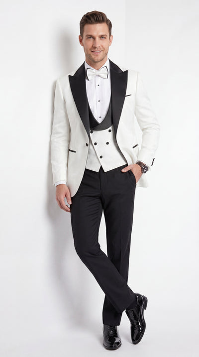 Statement Men’s White and Black Vested Tuxedo, Peak Lapel Wedding Prom Formal Suit with Bow Tie