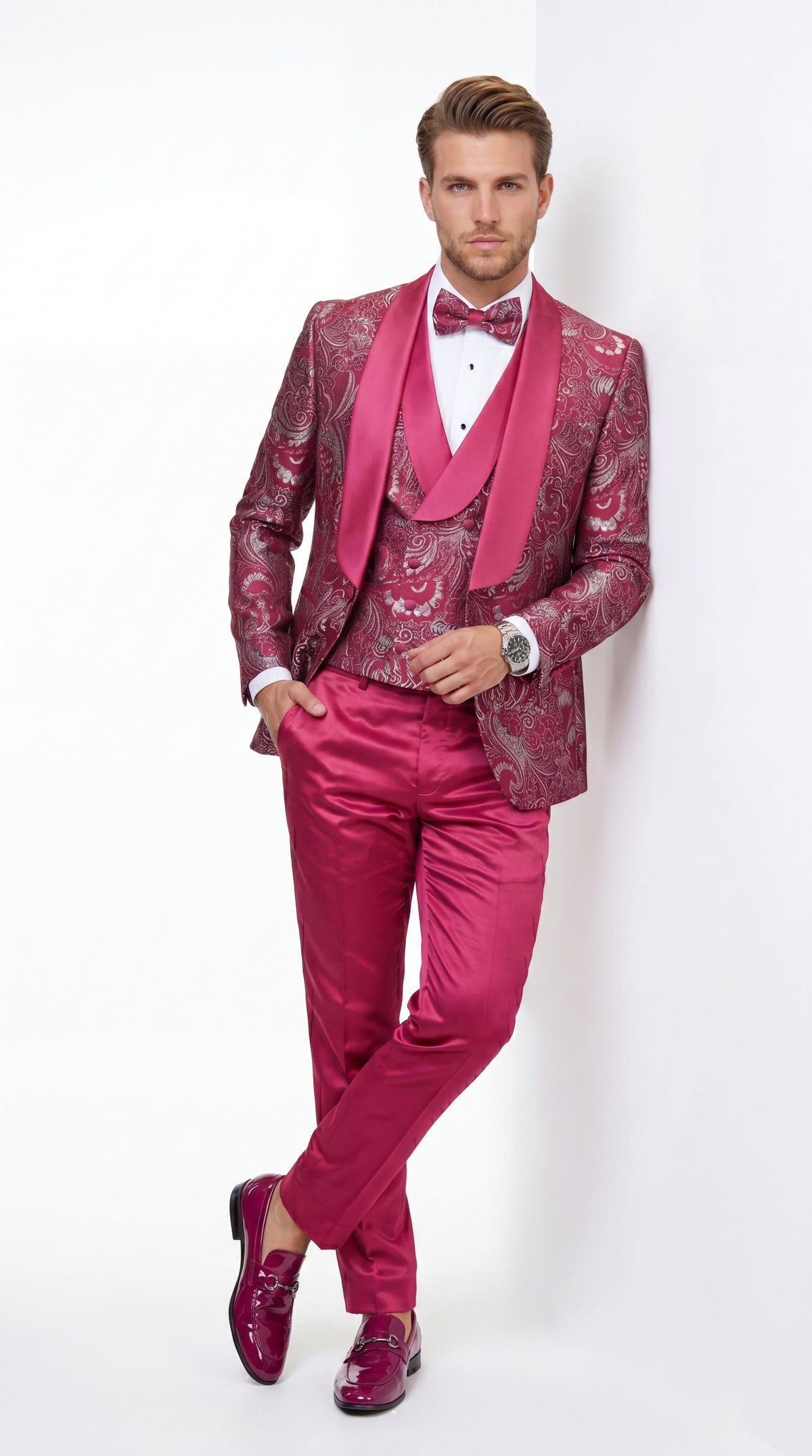 Statement Men’s Red Patterned Vested Tuxedo with Bowtie, Paisley Formal Wedding Prom Suit Set