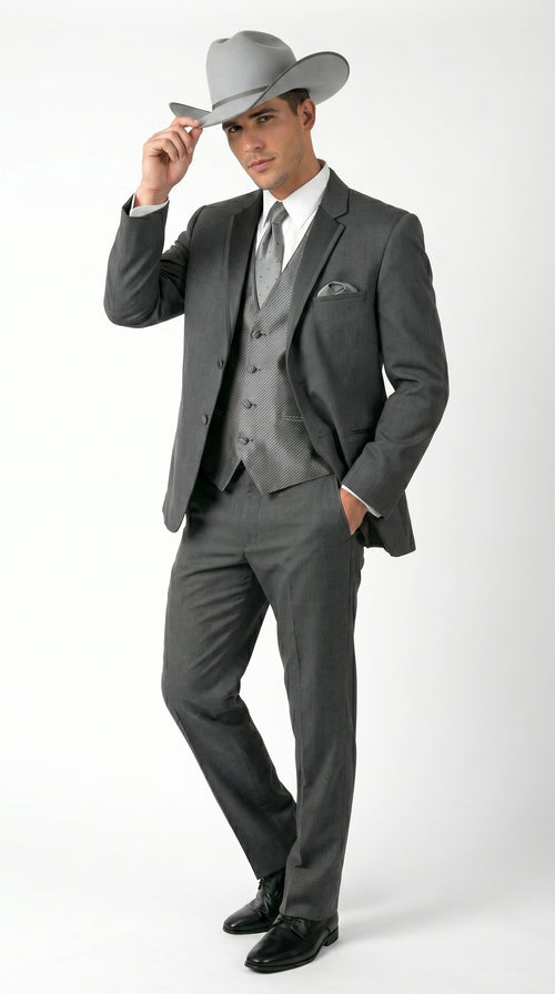 2 Button Trim Cowboy Tuxedo  Grey - Jacket and Pants