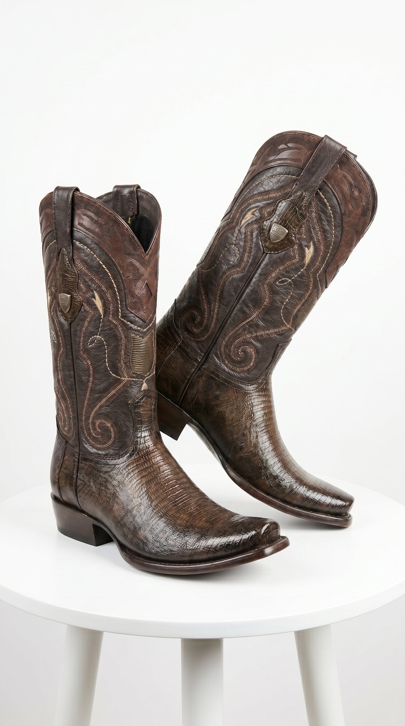 Men’s Wild West Burnished Brown Teju Lizard Square Toe Cowboy Boots, Genuine Leather Dress Western Boots