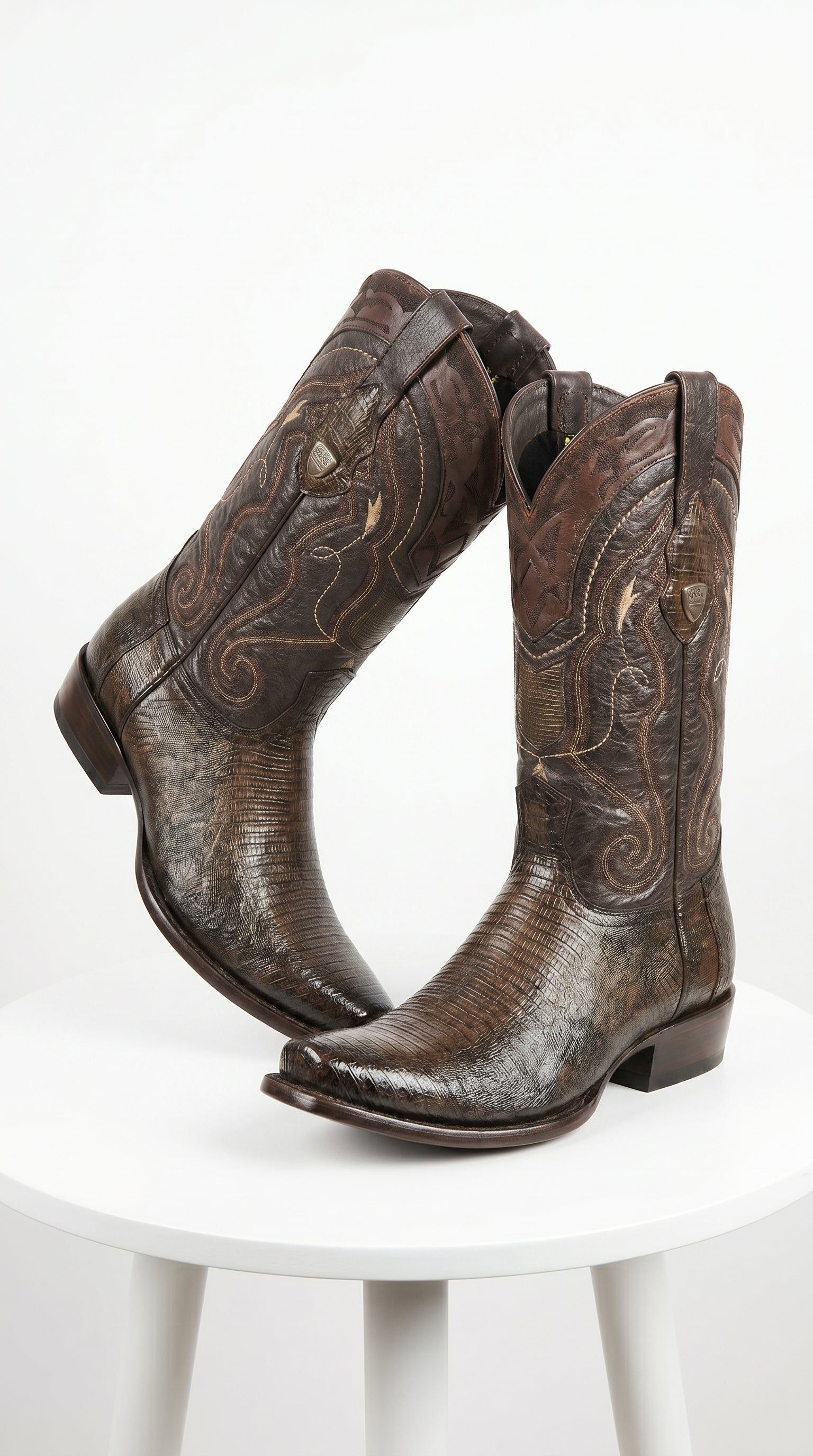 Men’s Wild West Burnished Brown Teju Lizard Square Toe Cowboy Boots, Genuine Leather Dress Western Boots