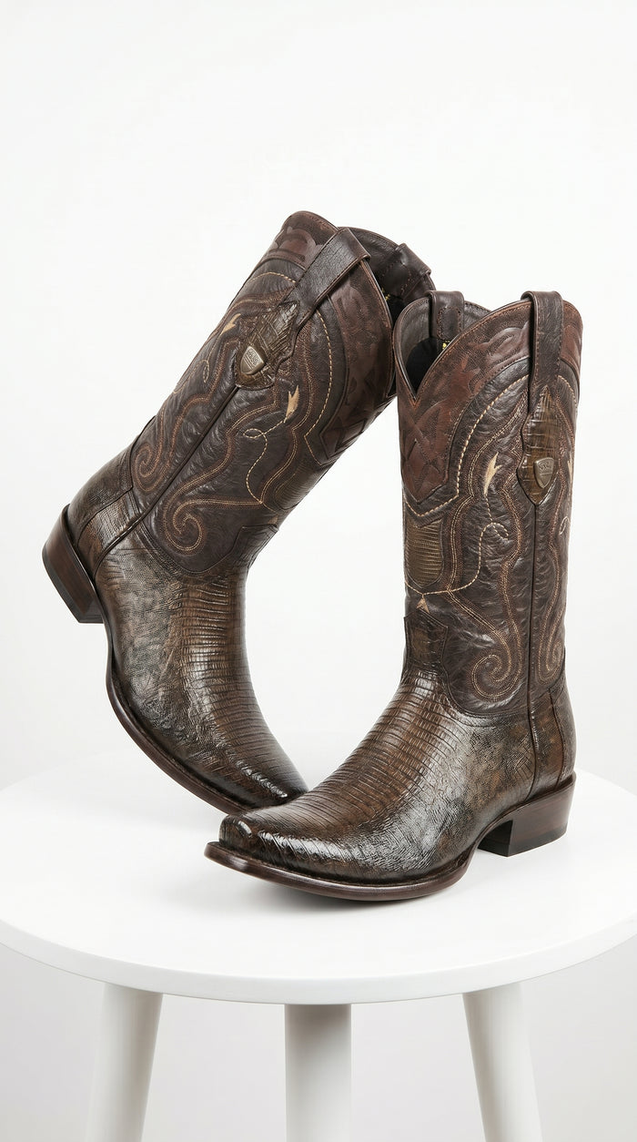 Men’s Wild West Burnished Brown Teju Lizard Square Toe Cowboy Boots, Genuine Leather Dress Western Boots