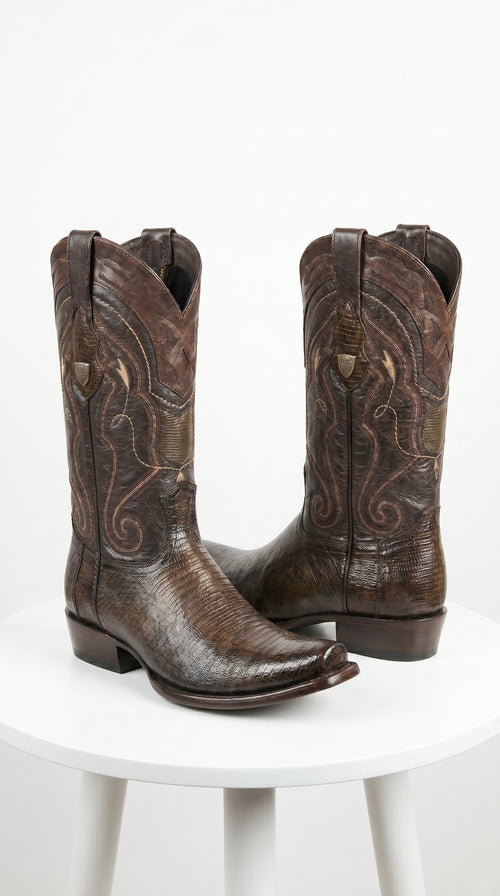 Men’s Wild West Burnished Brown Teju Lizard Square Toe Cowboy Boots, Genuine Leather Dress Western Boots
