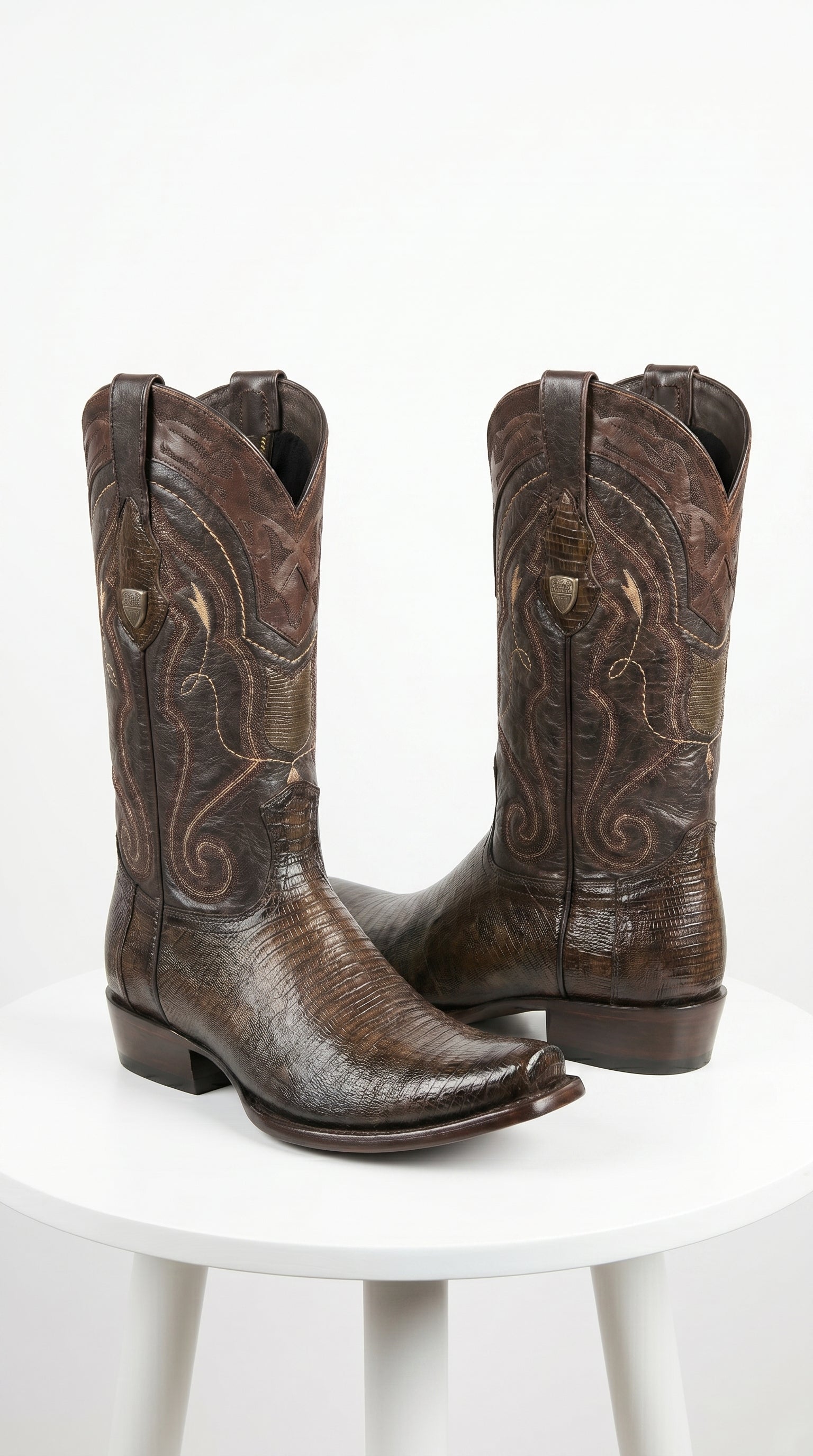 Men’s Wild West Burnished Brown Teju Lizard Square Toe Cowboy Boots, Genuine Leather Dress Western Boots