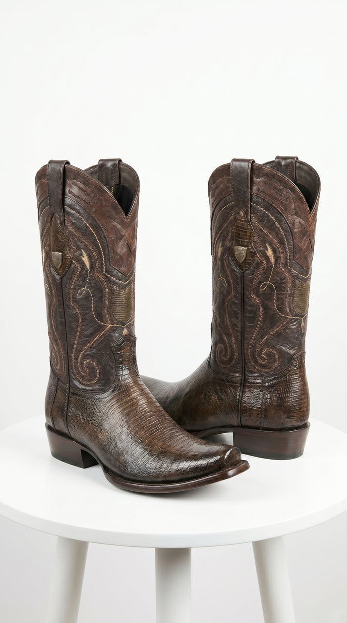 Men’s Wild West Burnished Brown Teju Lizard Square Toe Cowboy Boots, Genuine Leather Dress Western Boots