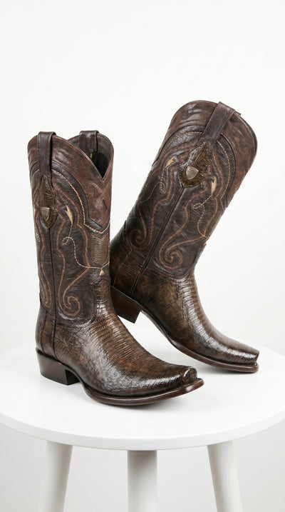 Men’s Wild West Burnished Brown Teju Lizard Square Toe Cowboy Boots, Genuine Leather Dress Western Boots
