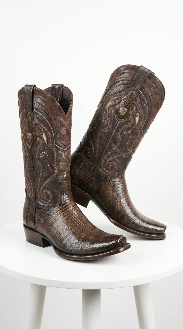 Men’s Wild West Burnished Brown Teju Lizard Square Toe Cowboy Boots, Genuine Leather Dress Western Boots