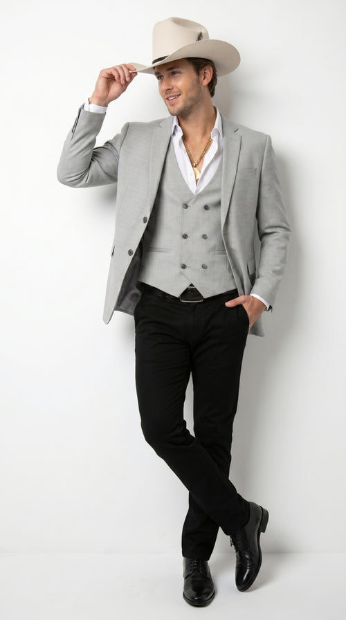 Men’s Light Gray Western Suit Blazer with Double Breasted Vest, Modern Cowboy Formal Outfit