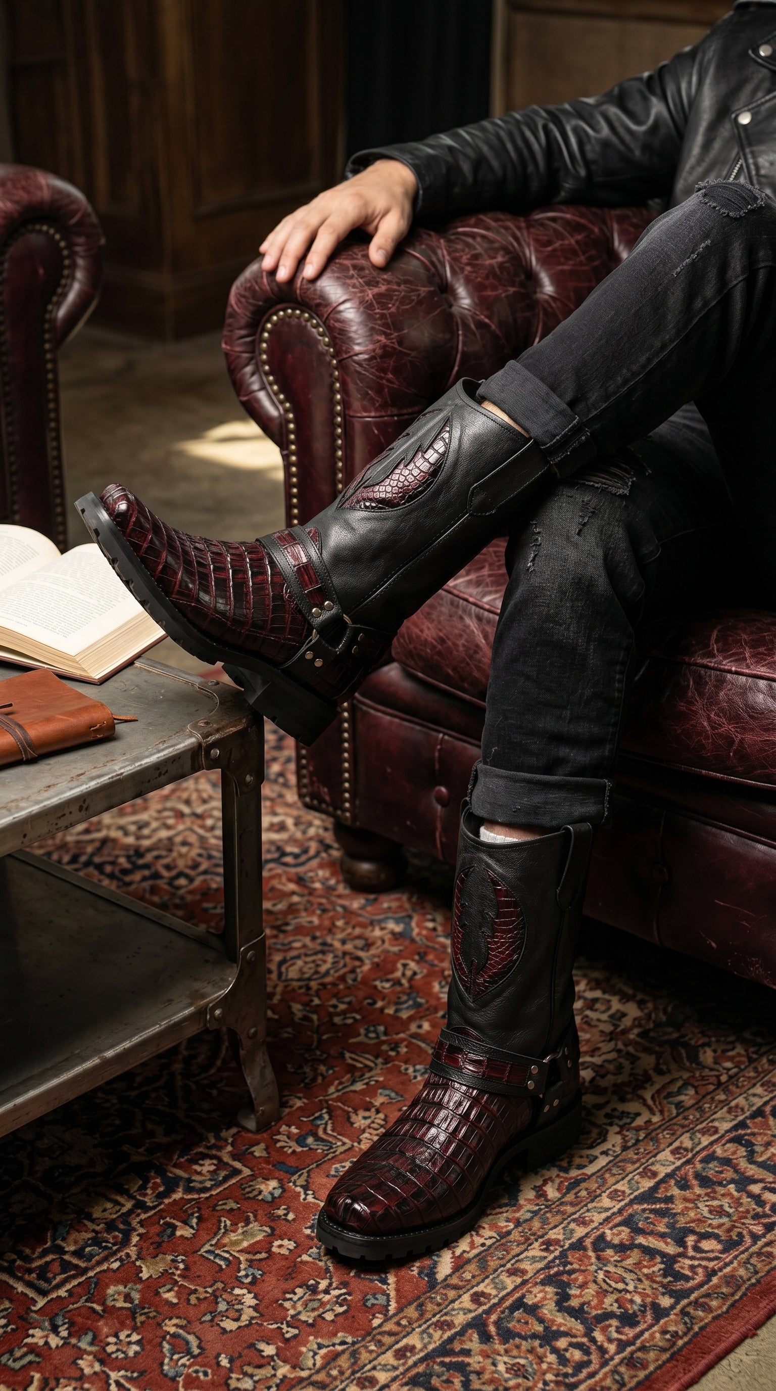 Men’s Los Altos Black Cherry Caiman Tail Skin Biker Boots, Exotic Western Motorcycle Boots