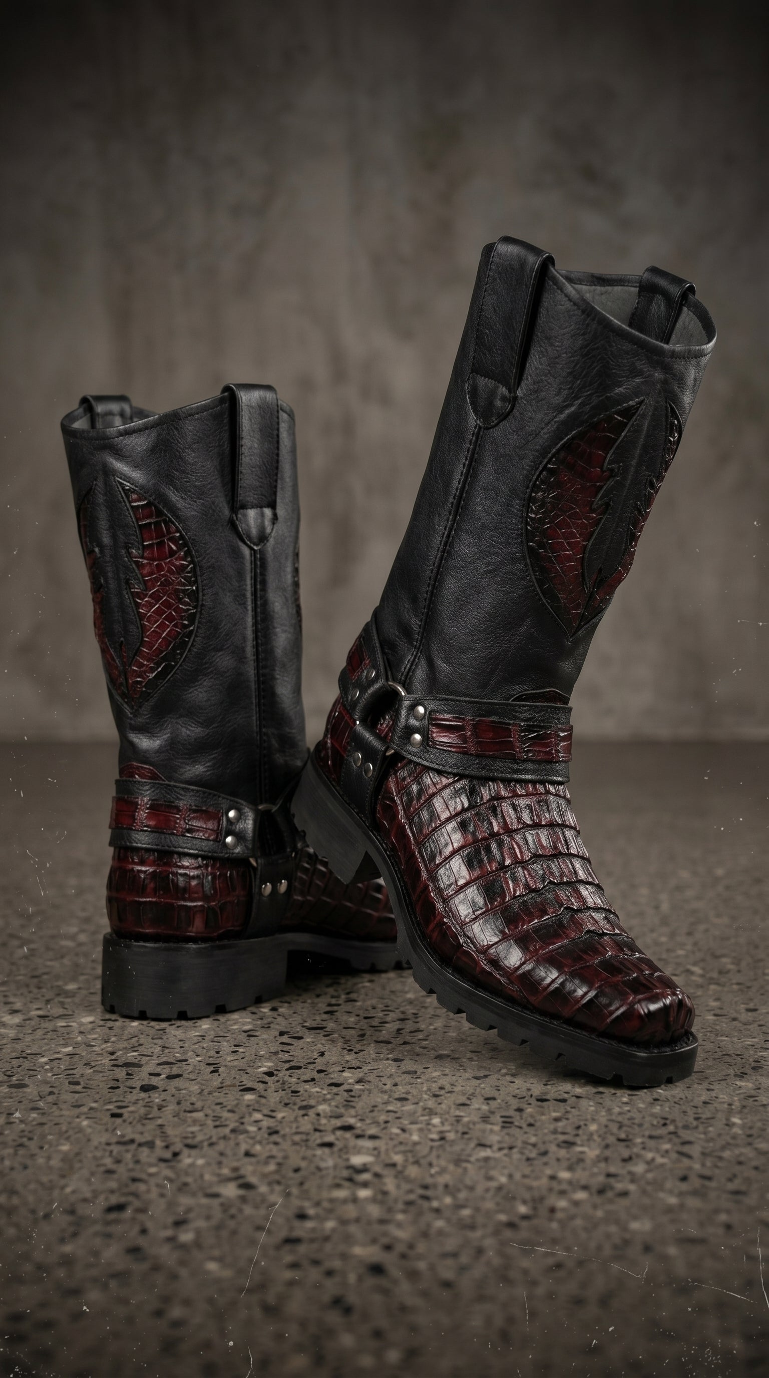 Men’s Los Altos Black Cherry Caiman Tail Skin Biker Boots, Exotic Western Motorcycle Boots